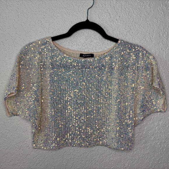Banjul Champagne Beige Sequin Elegant Festive Midriff Top Women's Size Large - Picture 1 of 7